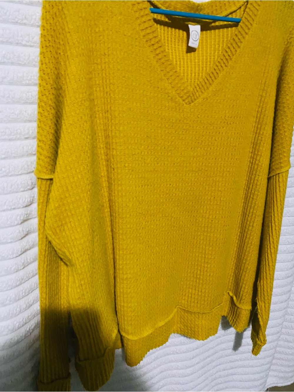 Oversized Waffle Knit V-Neck Sweater in Mustard - Picture 2 of 5